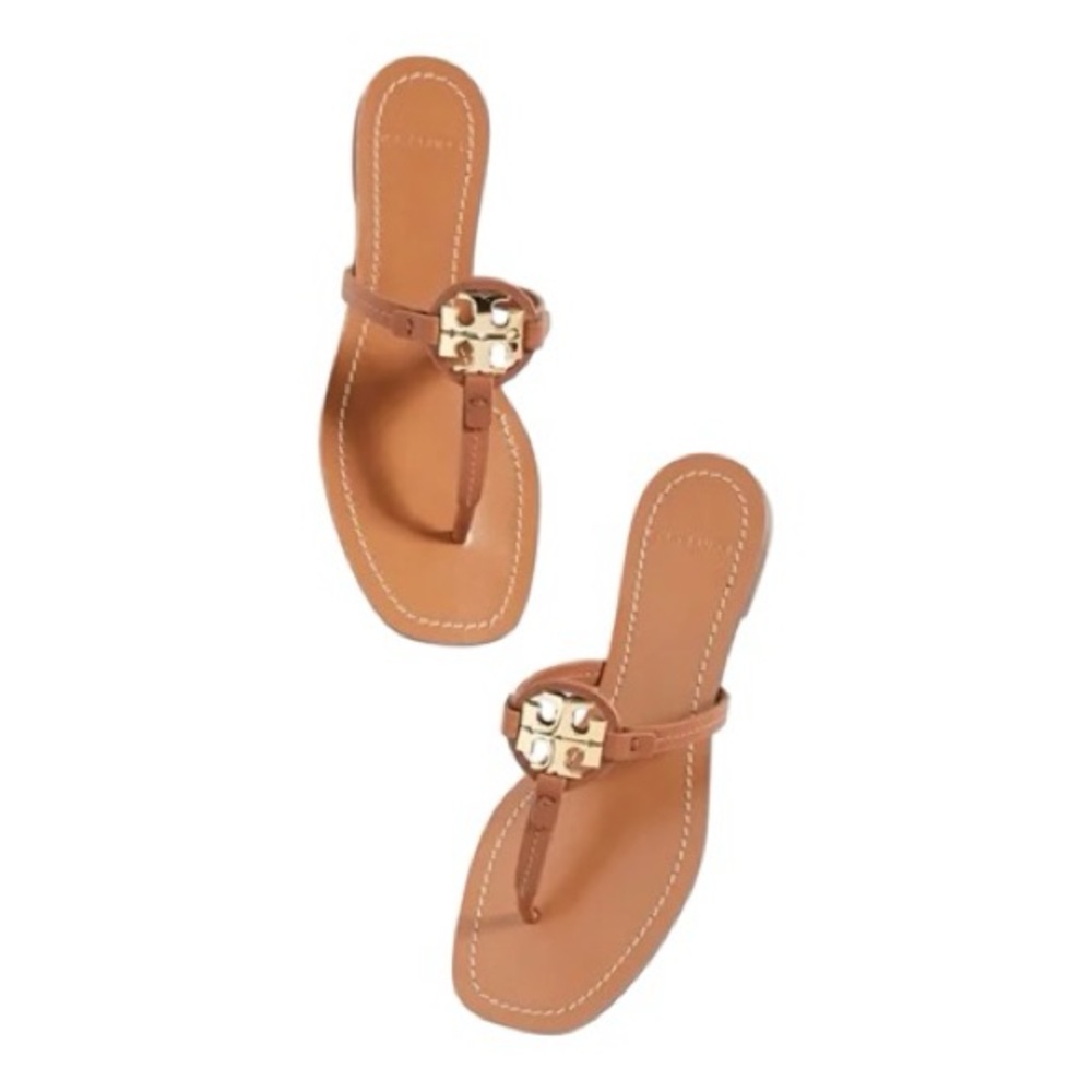 Tory Burch Mini Miller Brown Leather Gold Logo Sandals Size 7